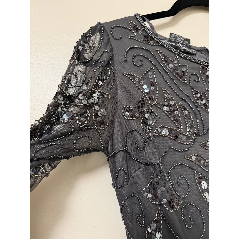 Pisarro Nights Gray Beaded Sequin Gown 3/4 Sleeve Formal Maxi Dress - Picture 5 of 14